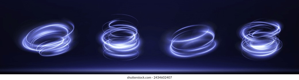 Luminosas líneas azules giratorias png de velocidad. Podio de luz efecto brillante png. Líneas de movimiento abstractas. Colección de podios o portales de hud futurista azul o neón HUD PNG.	
