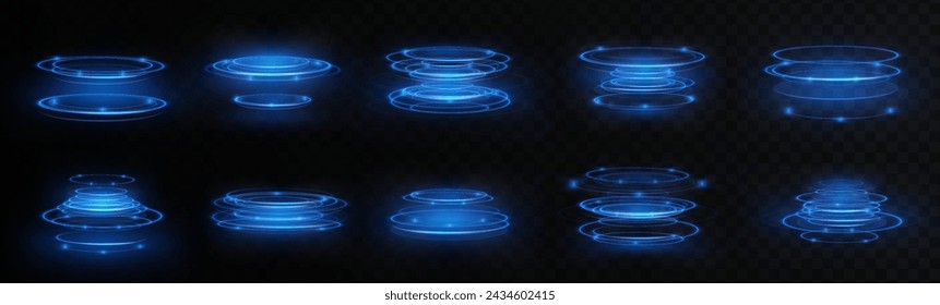 Luminous blue twirl lines png of speed. Light podium glowing effect png. Abstract motion lines. Collection of futuristic hud podiums or portals blue or neon HUD PNG.	
