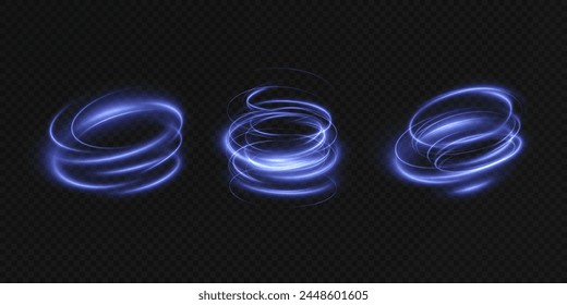 Luminous blue twirl lines png of speed. Light podium glowing effect png. Abstract motion lines. Collection of futuristic hud podiums or portals blue or neon HUD PNG.	