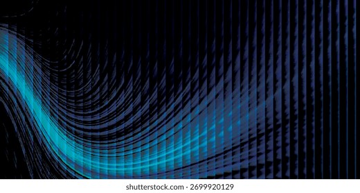 La luminosa onda de luz azul-verde con curvas suaves fluye dinámicamente a través de un fondo oscuro y texturizado de líneas digitales de Vertical, creando un resplandor abstracto.