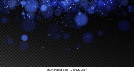 Luminous bokeh, softly shimmering with blue light. Light abstract glowing lights. Glowing bokeh effect isolated on dark background. Christmas background made of glowing dust.	