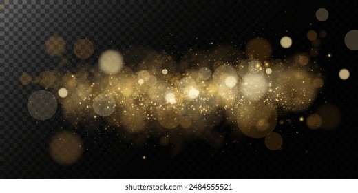 Luminous bokeh, softly shimmering with gold dust and bright star particles. Light abstract glowing lights. Glowing bokeh effect isolated on dark background. Christmas background made of glowing dust.	