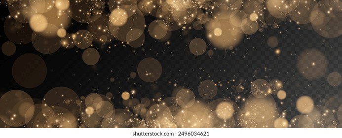 Luminous bokeh, softly shimmering with gold dust and bright star particles. Light abstract glowing lights. Glowing bokeh effect isolated on a dark background. Christmas background of glowing lights.	