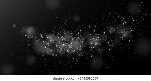 Luminous bokeh, softly shimmering with white light. Light abstract glowing lights. Glowing bokeh effect isolated on dark transparent background. Christmas background made of glowing dust.	