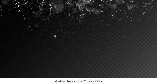 Luminous bokeh, softly shimmering with white light. Light abstract glowing lights. Glowing bokeh effect isolated on dark background. Christmas background made of glowing dust.	