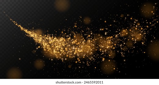 A luminous bokeh that gently shimmers with golden light. Light abstract glowing lights. Glowing bokeh effect isolated on dark background. Christmas background made of glowing dust.	