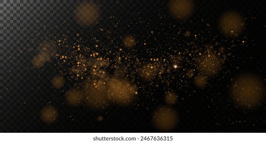 A luminous bokeh that gently shimmers with golden light. Light abstract glowing lights. Glowing bokeh effect isolated on dark background. Christmas background made of glowing dust.	