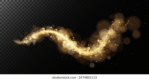 A luminous bokeh that gently shimmers with golden light. Light abstract glowing lights. Glowing bokeh effect isolated on dark background. Christmas background made of glowing dust.	