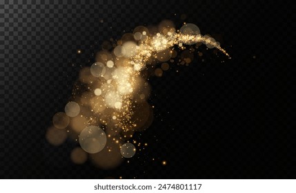 A luminous bokeh that gently shimmers with golden light. Light abstract glowing lights. Glowing bokeh effect isolated on dark background. Christmas background made of glowing dust.	