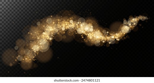 Un bokeh luminoso que brilla suavemente con luz dorada. Luz abstracta brillante luces. Efecto bokeh brillante aislado sobre fondo oscuro. Fondo de Navidades hecho de polvo brillante.	