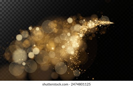 A luminous bokeh that gently shimmers with golden light. Light abstract glowing lights. Glowing bokeh effect isolated on dark background. Christmas background made of glowing dust.	