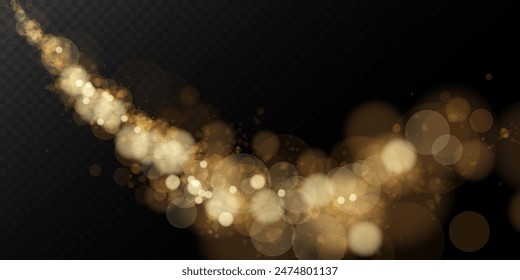 A luminous bokeh that gently shimmers with golden light. Light abstract glowing lights. Glowing bokeh effect isolated on dark background. Christmas background made of glowing dust.	