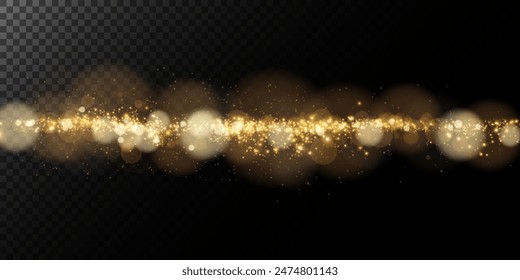 A luminous bokeh that gently shimmers with golden light. Light abstract glowing lights. Glowing bokeh effect isolated on dark background. Christmas background made of glowing dust.	