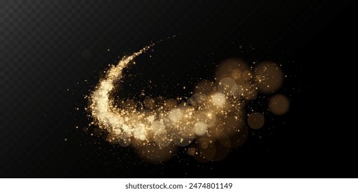 A luminous bokeh that gently shimmers with golden light. Light abstract glowing lights. Glowing bokeh effect isolated on dark background. Christmas background made of glowing dust.	