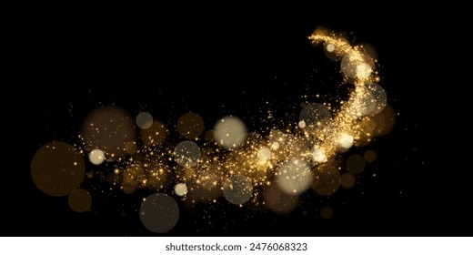 A luminous bokeh that gently shimmers with golden light. Light abstract glowing lights. Glowing bokeh effect isolated on dark background. Christmas background made of glowing dust.	