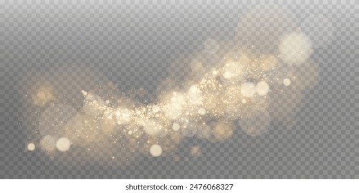 A luminous bokeh that gently shimmers with golden light. Light abstract glowing lights. Glowing bokeh effect isolated on dark background. Christmas background made of glowing dust.	