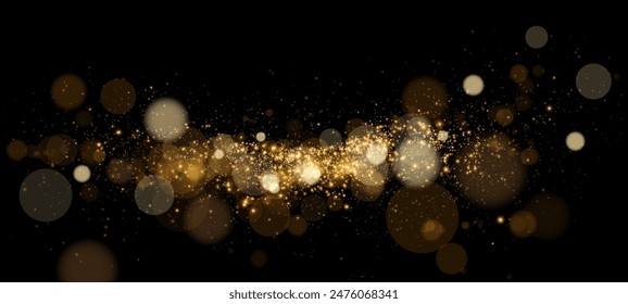 Ein leuchtendes Bokeh, das sanft mit goldenem Licht schimmert. Licht abstrakte glühende Lichter. Glühender Bokeh-Effekt isoliert auf dunklem Hintergrund. Weihnachtsmusiken Hintergrund aus glühendem Staub.	