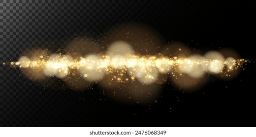 A luminous bokeh that gently shimmers with golden light. Light abstract glowing lights. Glowing bokeh effect isolated on dark background. Christmas background made of glowing dust.	