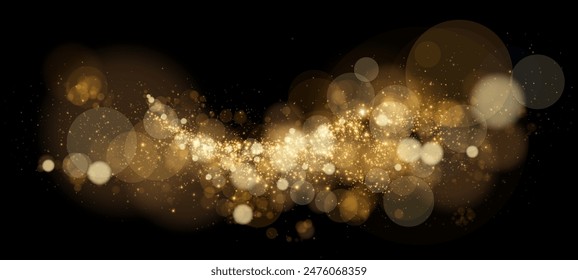 A luminous bokeh that gently shimmers with golden light. Light abstract glowing lights. Glowing bokeh effect isolated on dark background. Christmas background made of glowing dust.	