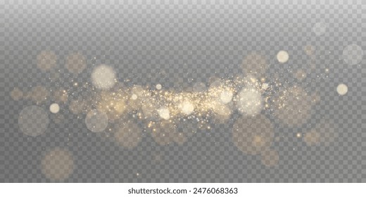 A luminous bokeh that gently shimmers with golden light. Light abstract glowing lights. Glowing bokeh effect isolated on dark background. Christmas background made of glowing dust.	