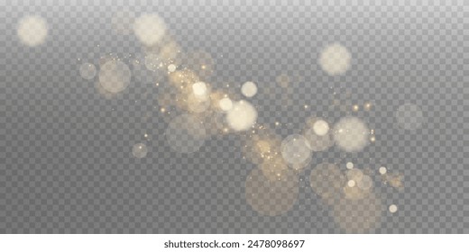 A luminous bokeh that gently shimmers with golden light. Light abstract glowing lights. Glowing bokeh effect isolated on dark background. Christmas background made of glowing dust.	