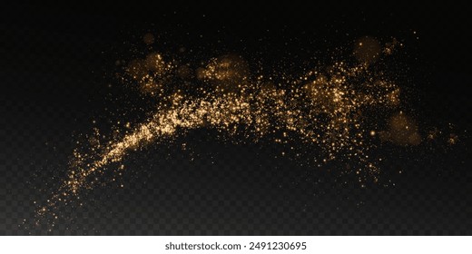 A luminous bokeh that gently shimmers with golden light. Light abstract glowing lights. Glowing bokeh effect isolated on dark background. Christmas background made of glowing dust.	