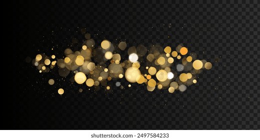 A luminous bokeh that gently shimmers with golden light. Light abstract glowing lights. Glowing bokeh effect isolated on dark background. Christmas background made of glowing dust.