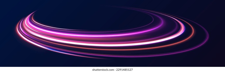 Luminous bright background. High speed effect motion blur night lights blue and red. Magic shining neon light line trails. Purple glowing wave swirl, impulse cable lines. Long time exposure. Vector	