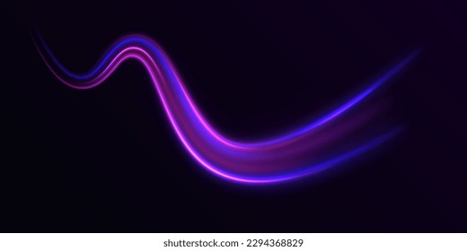Luminoso fondo luminoso. El movimiento de efecto de alta velocidad borrosa noche luces azules y rojas. Los senderos de la línea de luz de neón brillan mágicamente. Giro violeta de onda brillante, líneas de cable de impulso. Exposición a largo plazo. Vector	