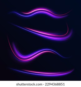 Luminous bright background. High speed effect motion blur night lights blue and red. Magic shining neon light line trails. Purple glowing wave swirl, impulse cable lines. Long time exposure. Vector	
