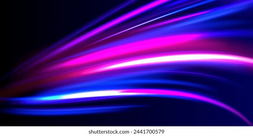 Luminous bright background. High speed effect motion blur night lights blue and red. Magic shining neon light line trails. Purple glowing wave swirl, impulse cable lines. Long time exposure. Vector