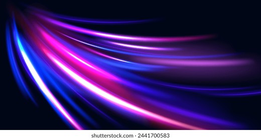 Luminous bright background. High speed effect motion blur night lights blue and red. Magic shining neon light line trails. Purple glowing wave swirl, impulse cable lines. Long time exposure. Vector