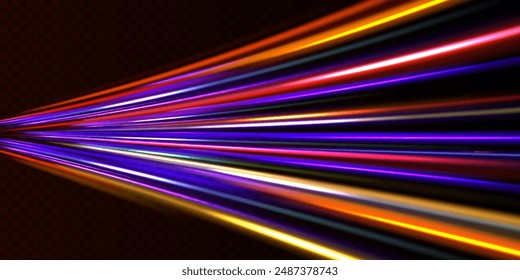 Luminous bright background. High speed effect motion blur night lights blue and red. Cyberpunk light trails in motion or light slow shutter effect.