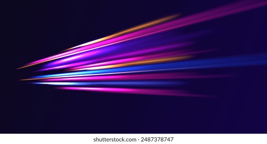 Heller Hintergrund. High-Speed-Effekt Bewegungsunschärfe Nachtlichter blau und rot. Cyberpunk-Lichtspuren in Bewegung oder Licht-Slow-Shutter-Effekt.