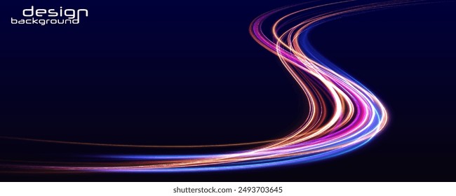 Luminous bright background. High speed effect motion blur night lights blue and red. Magic shining neon light line trails. Purple glowing wave swirl, impulse cable lines. Long time exposure. Vector	