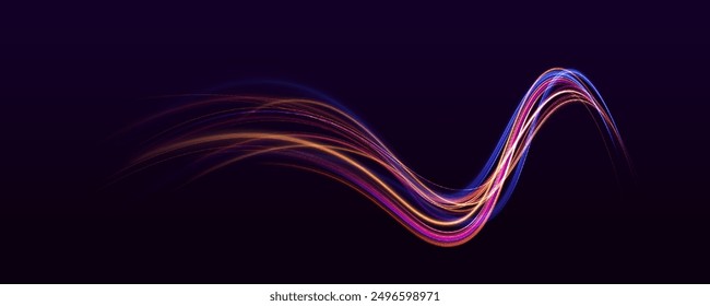 Luminous bright background. High speed effect motion blur night lights blue and red. Magic shining neon light line trails. Purple glowing wave swirl, impulse cable lines. Long time exposure. Vector	