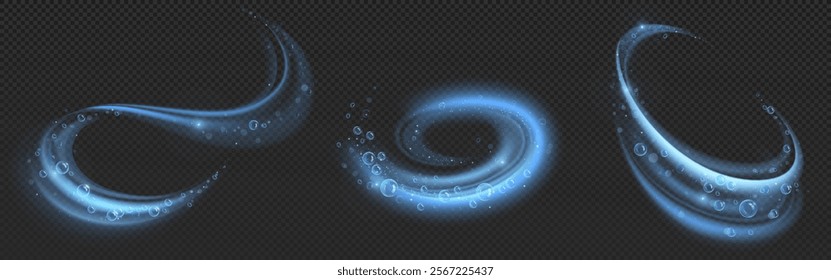 Luminous bubble swirl effects in blue color with transparent spheres along curved paths. Glowing spiral trails with floating orbs. Magical underwater fantasy whirlpool elements with detergent foam.