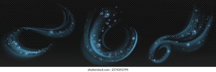 Luminous bubble swirl effects in blue color with transparent spheres along curved paths. Glowing spiral trails with floating orbs. Magical underwater fantasy whirlpool elements with detergent foam.