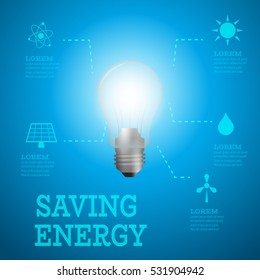 Luminous bulb on blue Luminous background with Alternative energy resources logos-solar panel,fusion power,solar electricity,wind turbine,hydro energy with dotted pointers.Saving energy concept