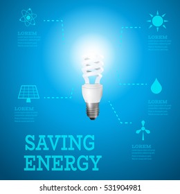 Luminous bulb on blue Luminous background with Alternative energy resources logos-solar panel,fusion power,solar electricity,wind turbine,hydro energy with dotted pointers.Saving energy concept