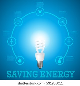 Luminous bulb on blue Luminous background surrounded with energy resources logos-solar panel,fusion power,solar electricity,wind turbine,hydro energy,smoking chimney,power line.Saving energy concept