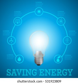 Luminous bulb on blue Luminous background surrounded with energy resources logos-solar panel,fusion power,solar electricity,wind turbine,hydro energy,smoking chimney,power line.Saving energy concept