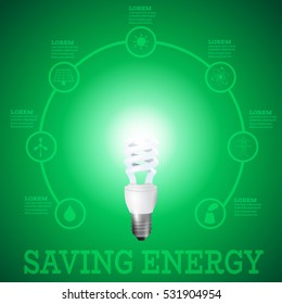 Luminous bulb on green Luminous background surrounded with energy resources logos-solar panel,fusion power,solar electricity,wind turbine,hydro energy,smoking chimney,power line.Saving energy concept