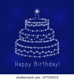 The luminous cake holiday greeting. Happy birthday traditional card. Isolated abstract graphic design template. Creative shiny congrats. Deep blue background. Anniversary cake with candles. Web icon.
