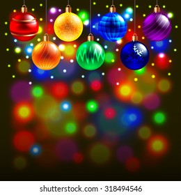 Luminous Christmas balls on colorful background realistic vector