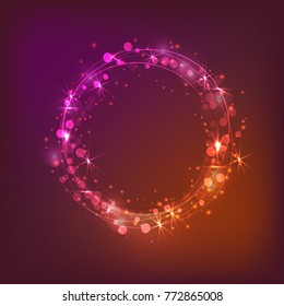 Luminous circle, fairy tale, neon background. Vector wreath of lights.