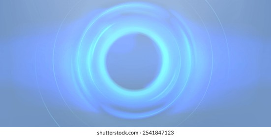 Luminous concentric circles around sphere with blue neon light. Flare radiates from central round frame with glow effect. Abstract mystical portal or energy pulse background for tech presentations.