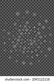 Luminous Confetti Background Transparent Vector. Snow Frost Card. Metal Snowflake Macro. Grey Christmas Pattern.