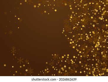 Luminous Confetti Vector Brown Background. Yellow Shine Snow Invitation. Falling Flake Banner. Festive Snowfall Backdrop.