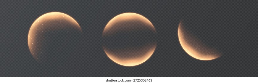 Fases de crescente luminoso e eclipses em um fundo transparente. Sobreposição de luz vetorial para composição, interface de usuário, efeitos de jogo e sobreposições de luz.